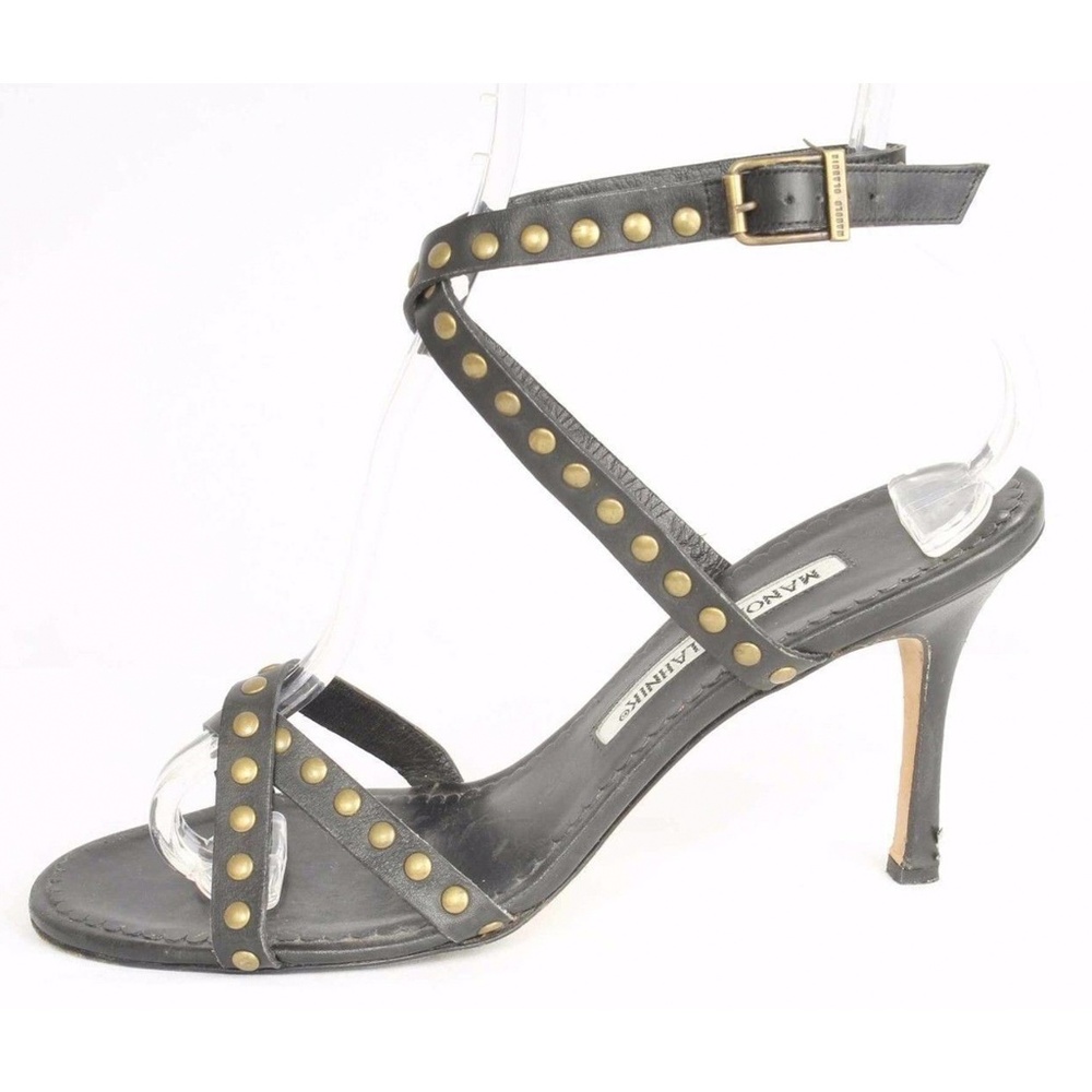 Manolo Blahnik Black Studded Leather Sandals - Picture 1 of 8